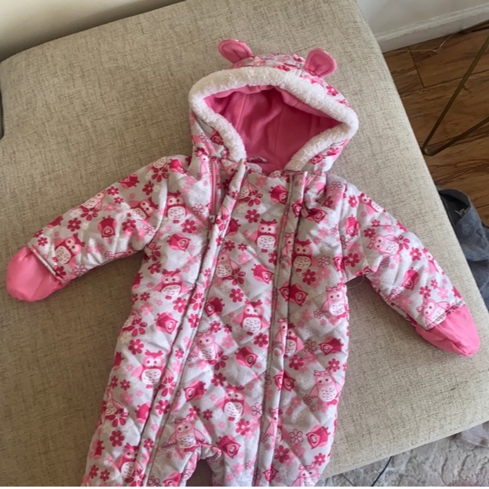 Pink platinum printed fleece lined snowsuit 18 months